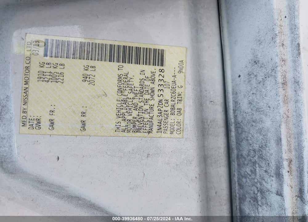 2013 NISSAN ALTIMA 2.5 S VIN: 1N4AL3AP2DN533328