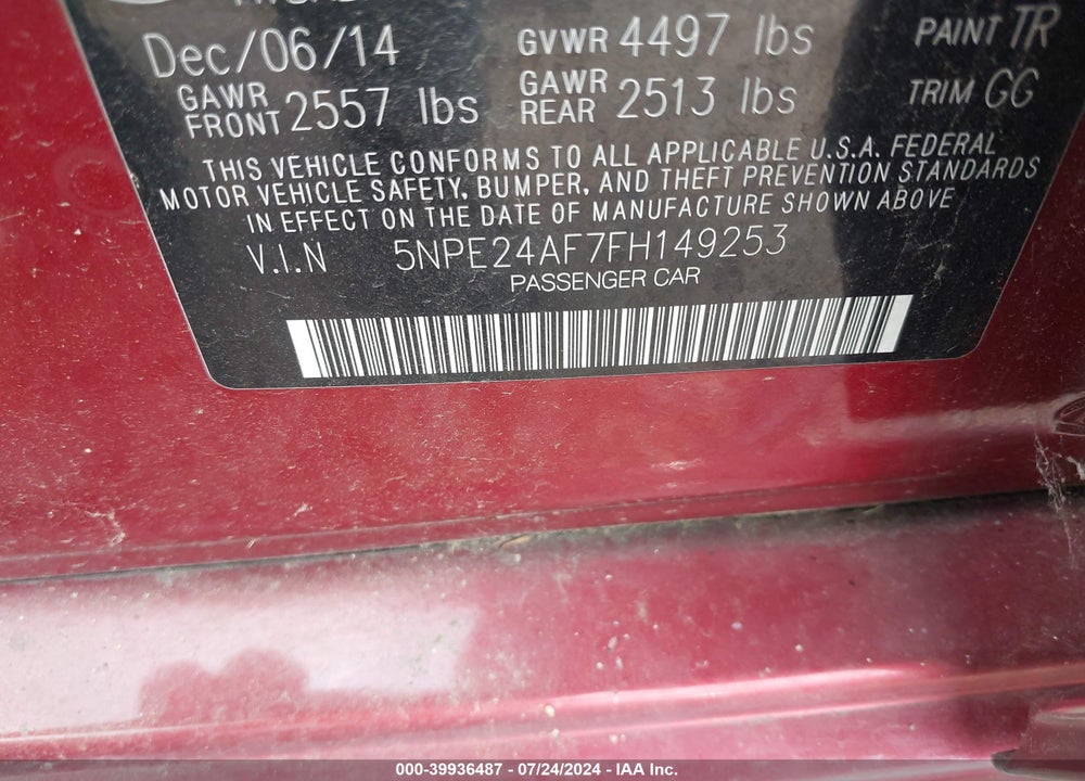 2015 HYUNDAI SONATA SE VIN: 5NPE24AF7FH149253