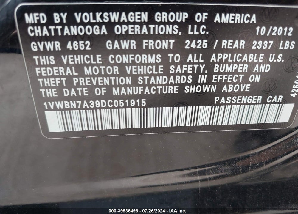 2013 VOLKSWAGEN PASSAT 2.0L TDI SE VIN: 1VWBN7A39DC051915