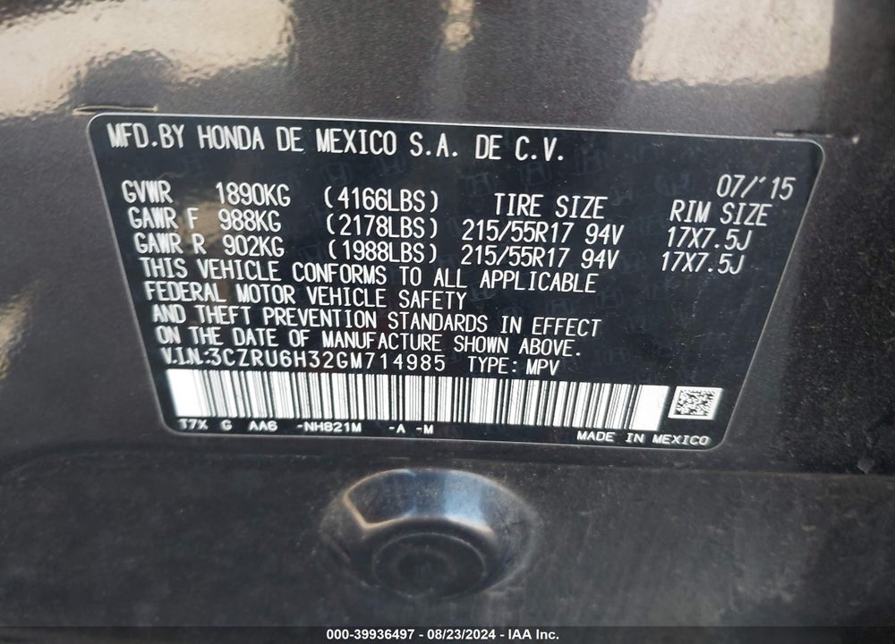 2016 HONDA HR-V LX VIN: 3CZRU6H32GM714985