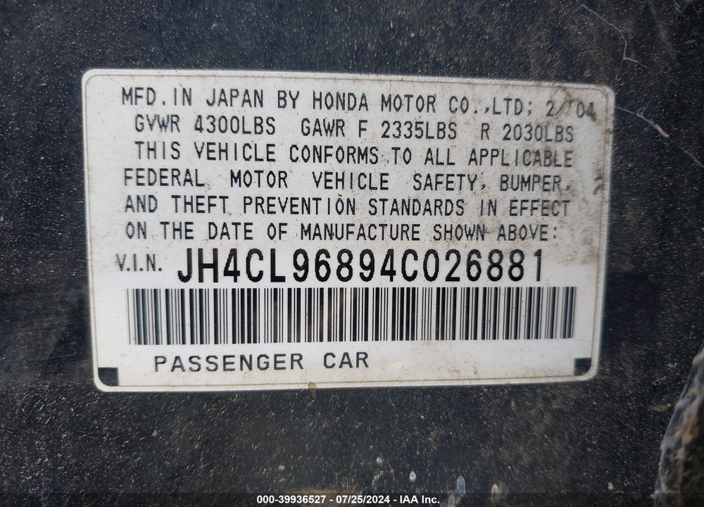 2004 ACURA TSX VIN: JH4CL96894C026881