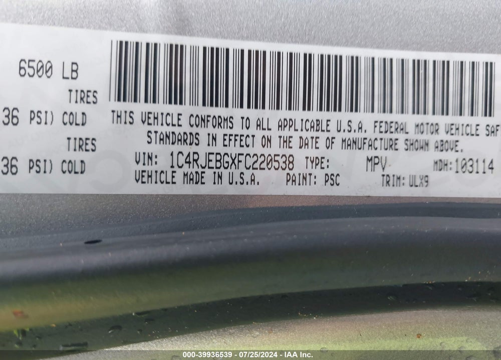2015 JEEP GRAND CHEROKEE LIMITED VIN: 1C4RJEBGXFC220538