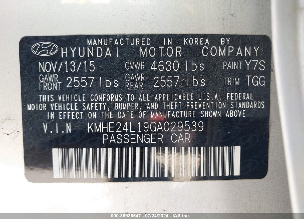 2016 HYUNDAI SONATA HYBRID SE VIN: KMHE24L19GA029539