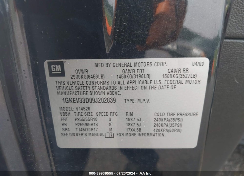 2009 GMC ACADIA SLT-2 VIN: 1GKEV33D09J202839