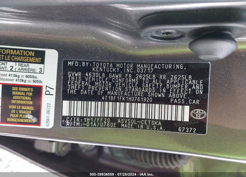 2017 TOYOTA CAMRY SE VIN: 4T1BF1FK1HU761920