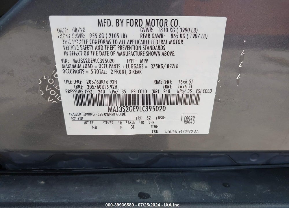 2020 FORD ECOSPORT SE VIN: MAJ3S2GE9LC395020