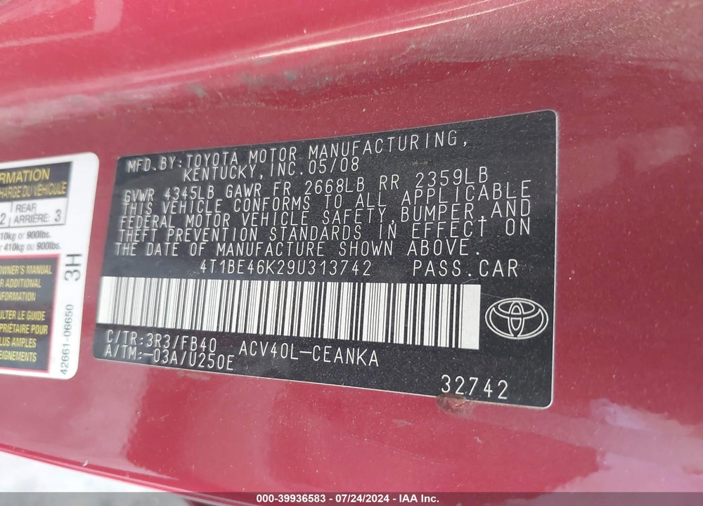 2009 TOYOTA CAMRY SE/LE/XLE VIN: 4T1BE46K29U313742
