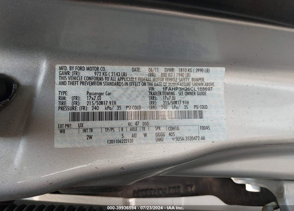 2012 FORD FOCUS SEL VIN: 1FAHP3H26CL188697