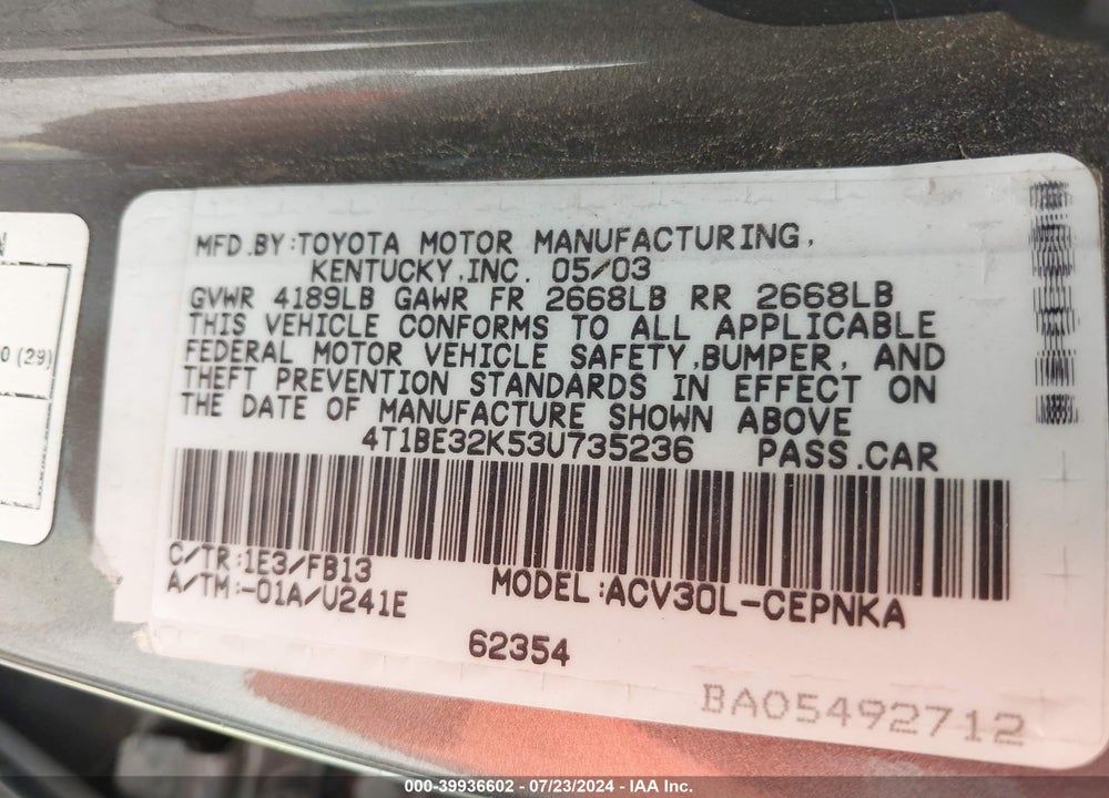 2003 TOYOTA CAMRY LE VIN: 4T1BE32K53U735236
