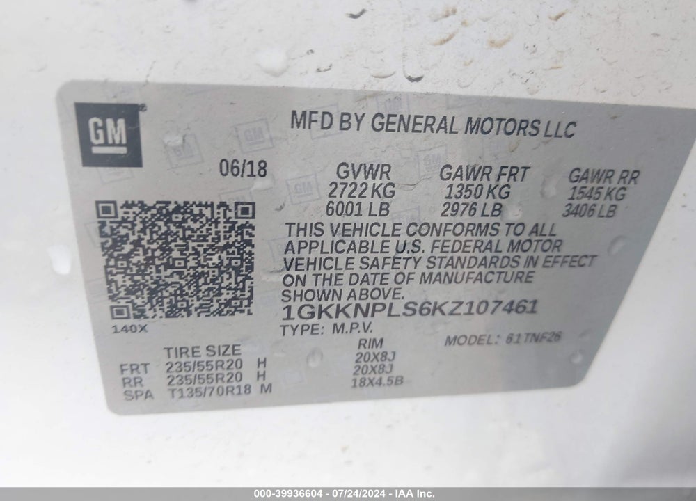 2019 GMC ACADIA VIN: 1GKKNPLS6KZ107461