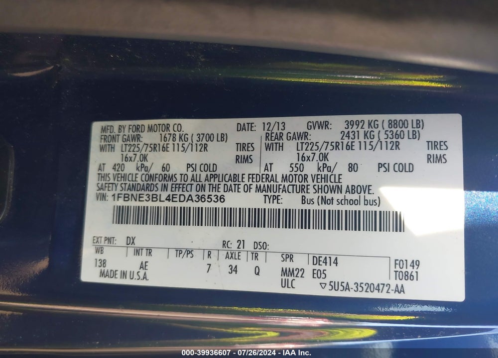2014 FORD E-350 SUPER DUTY XL VIN: 1FBNE3BL4EDA36536