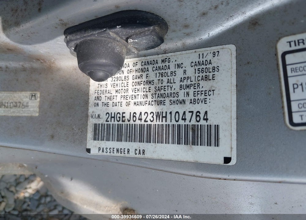1998 HONDA CIVIC CX VIN: 2HGEJ6423WH104764