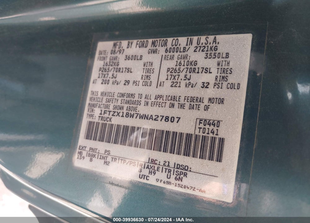 1998 FORD F-150 LARIAT/STANDARD/XL/XLT VIN: 1FTZX18W7WNA27807