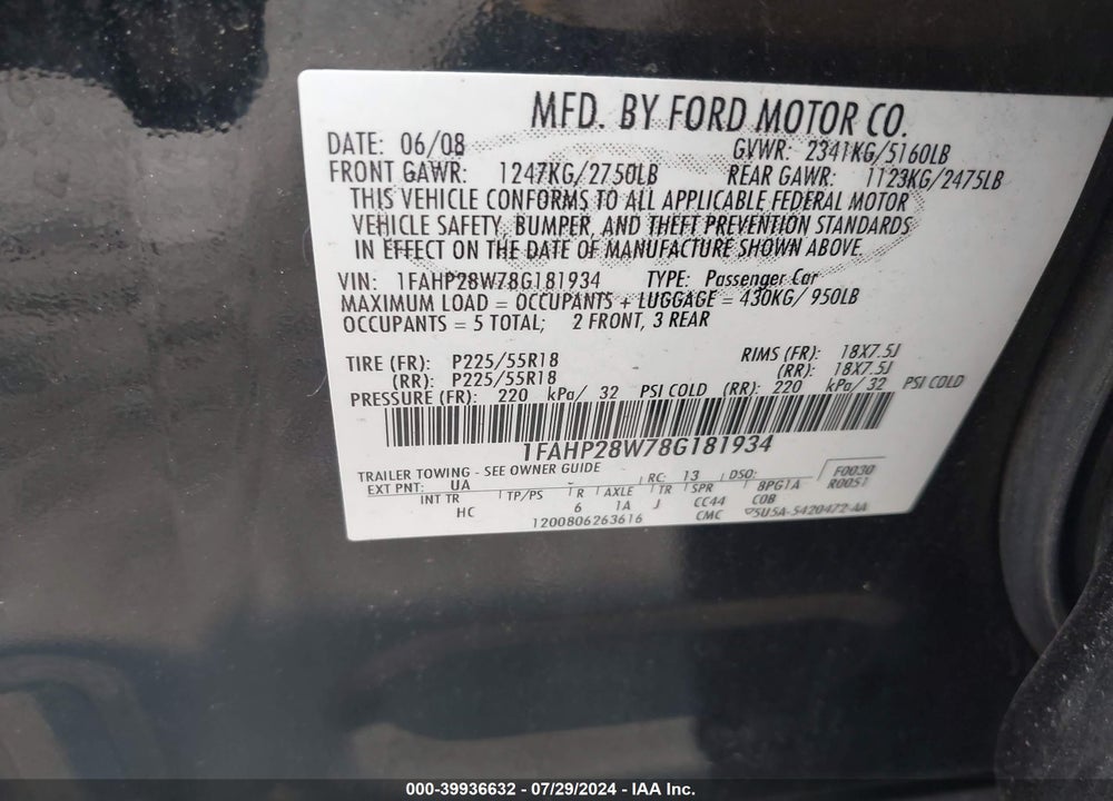 2008 FORD TAURUS LIMITED VIN: 1FAHP28W78G181934