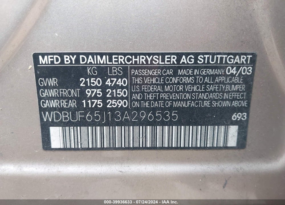 2003 MERCEDES-BENZ E 320 VIN: WDBUF65J13A296535
