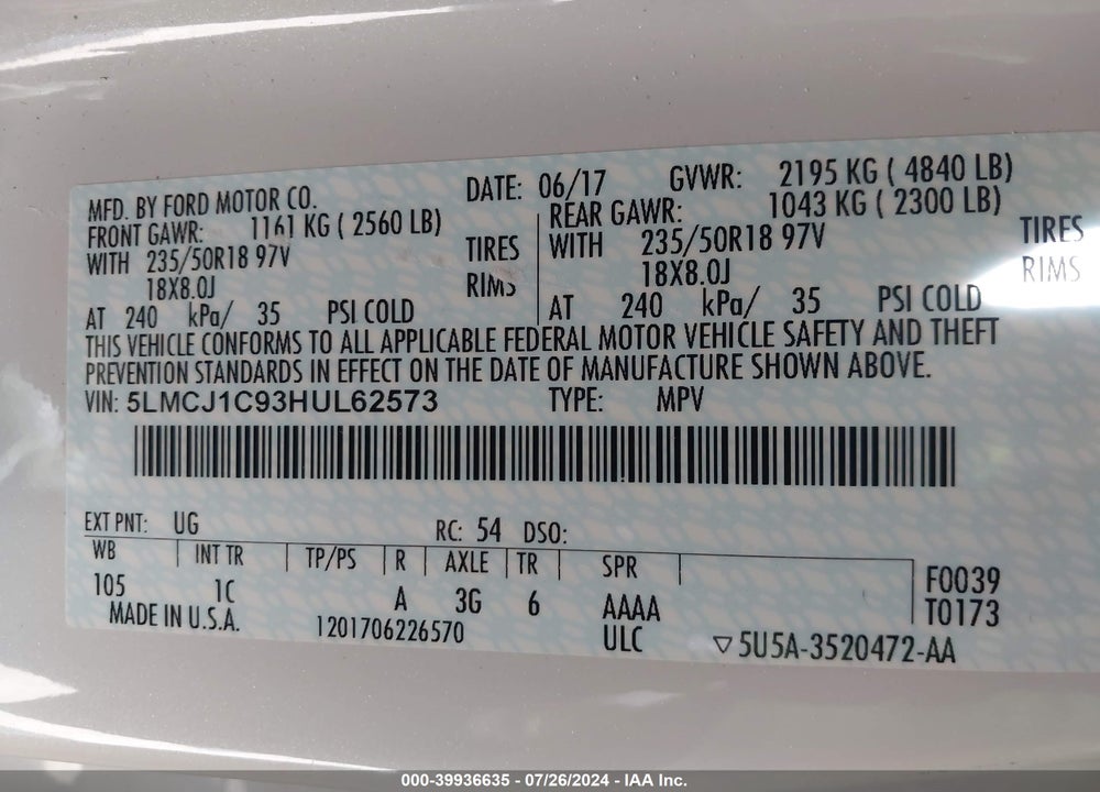 2017 LINCOLN MKC PREMIERE VIN: 5LMCJ1C93HUL62573