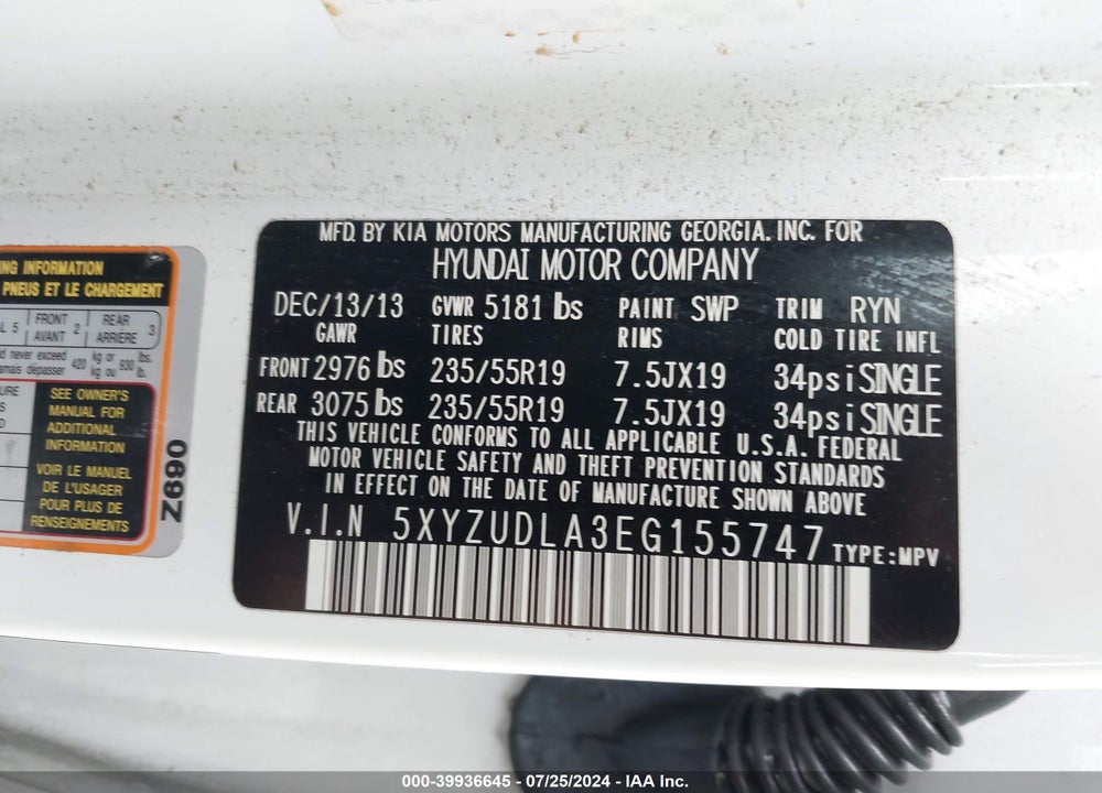 2014 HYUNDAI SANTA FE SPORT 2.0L TURBO VIN: 5XYZUDLA3EG155747