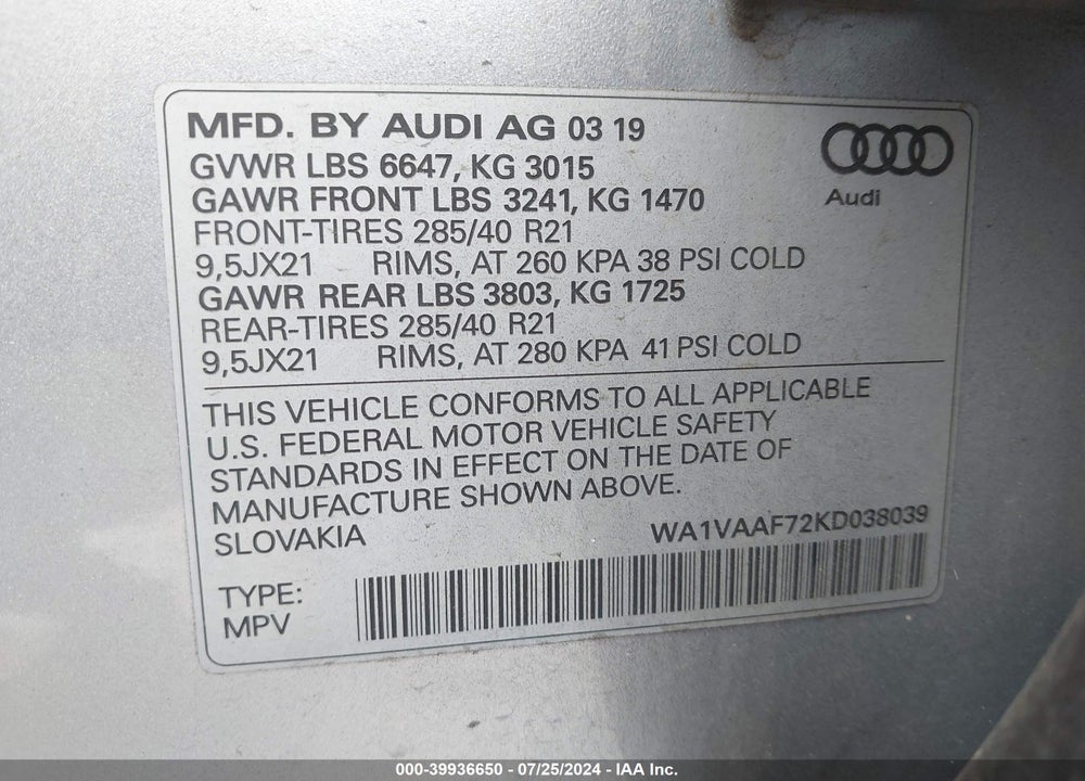 2019 AUDI Q7 55 PREMIUM VIN: WA1VAAF72KD038039