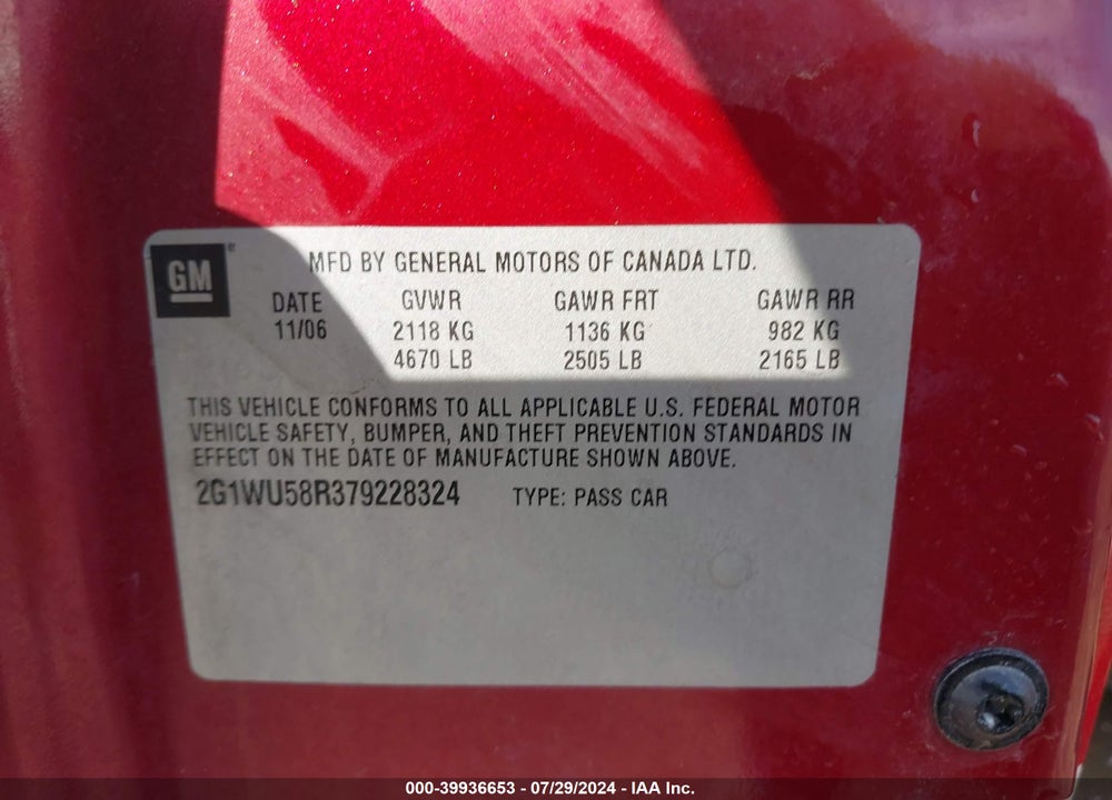 2007 CHEVROLET IMPALA LTZ VIN: 2G1WU58R379228324