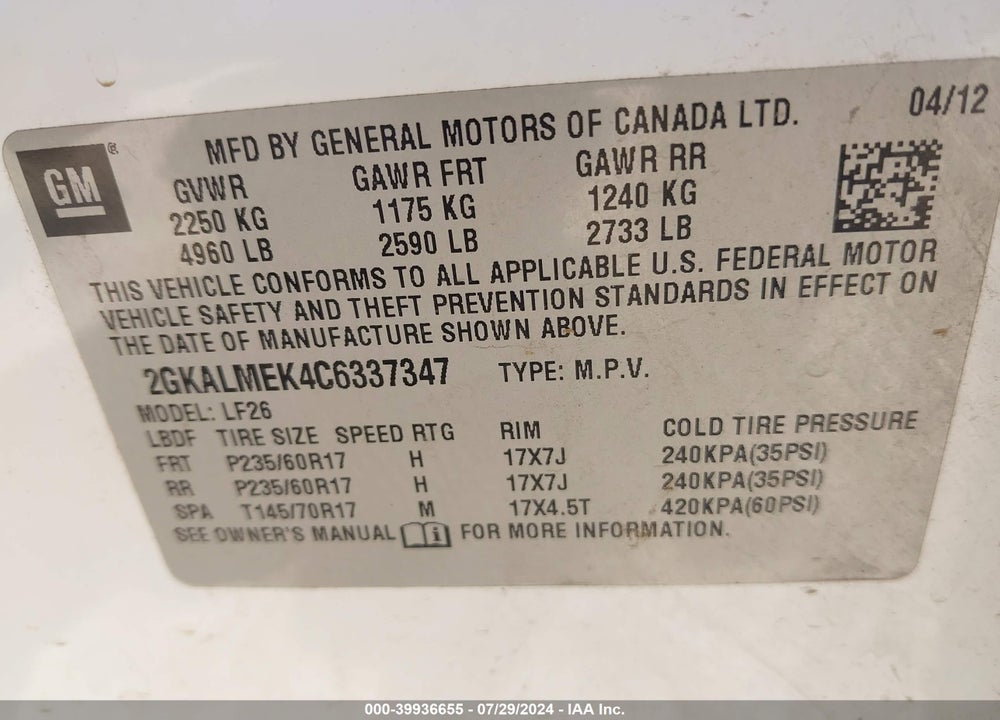 2012 GMC TERRAIN VIN: 2GKALMEK4C6337347