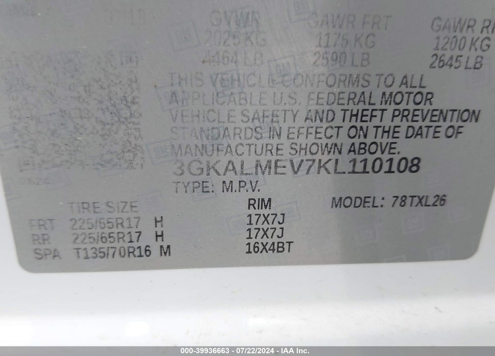 2019 GMC TERRAIN SLE VIN: 3GKALMEV7KL110108