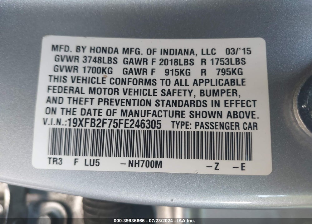 2015 HONDA CIVIC VIN: 19XFB2F75FE246305