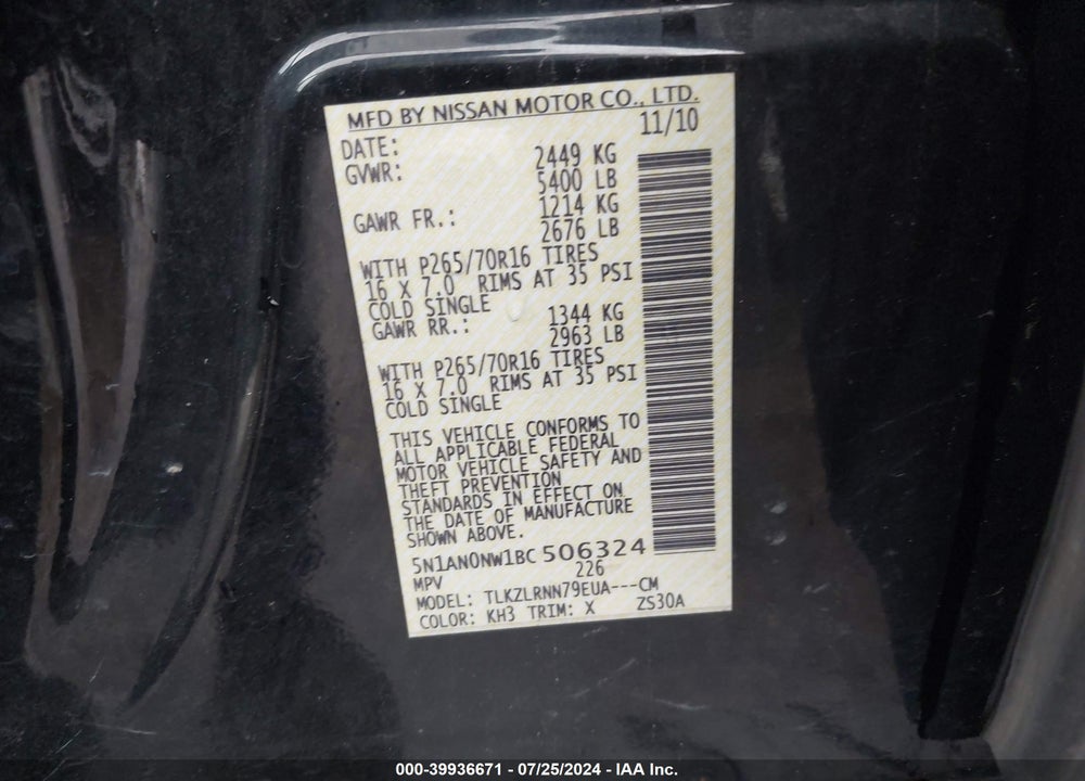 2011 NISSAN XTERRA S VIN: 5N1AN0NW1BC506324