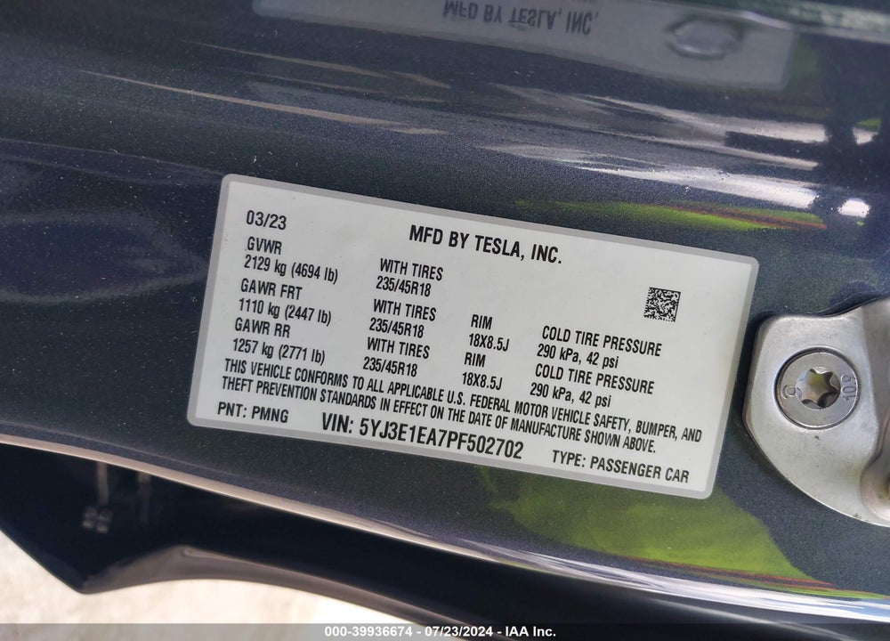 2023 TESLA MODEL 3 REAR-WHEEL DRIVE VIN: 5YJ3E1EA7PF502702
