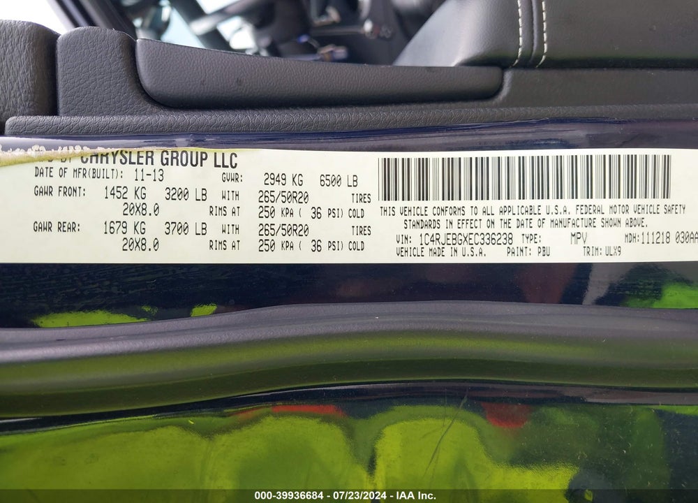 2014 JEEP GRAND CHEROKEE LIMITED VIN: 1C4RJEBGXEC336238