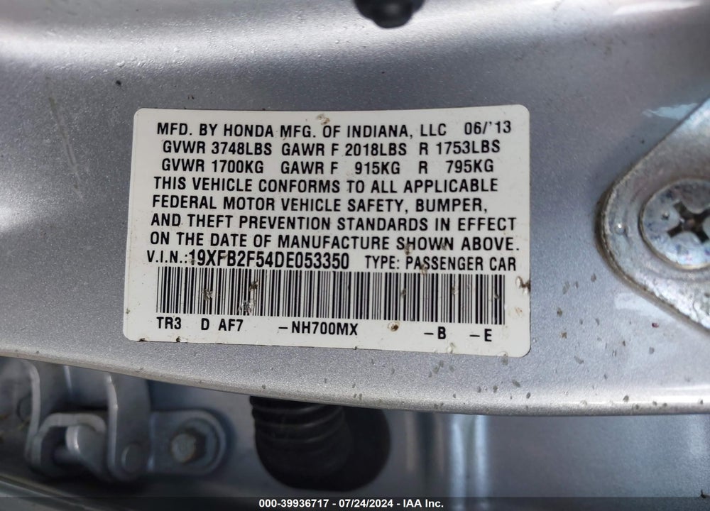 2013 HONDA CIVIC LX VIN: 19XFB2F54DE053350