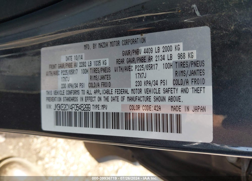 2015 MAZDA CX-5 TOURING VIN: JM3KE2CY4F0545299
