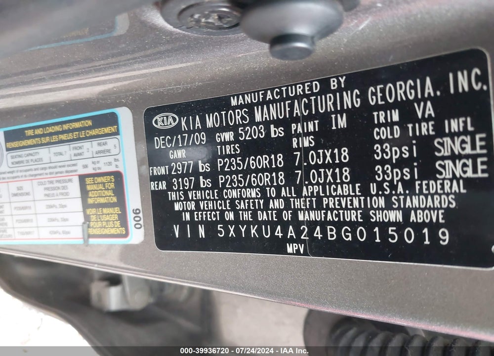 2011 KIA SORENTO EX V6 VIN: 5XYKU4A24BG015019