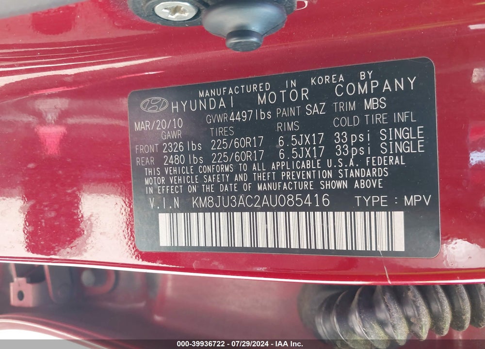 2010 HYUNDAI TUCSON GLS VIN: KM8JU3AC2AU085416