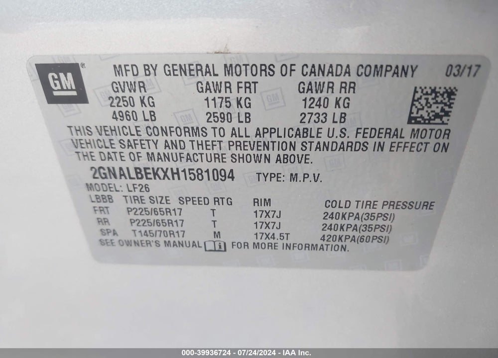 2017 CHEVROLET EQUINOX LS VIN: 2GNALBEKXH1581094