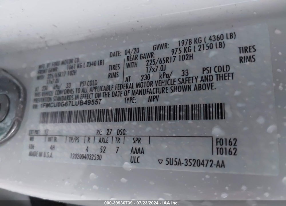 2020 FORD ESCAPE SE VIN: 1FMCU0G67LUB49557