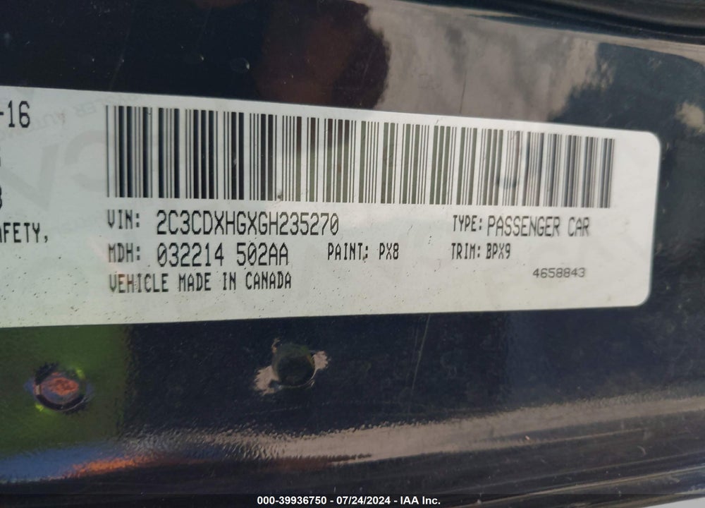 2016 DODGE CHARGER SXT VIN: 2C3CDXHGXGH235270