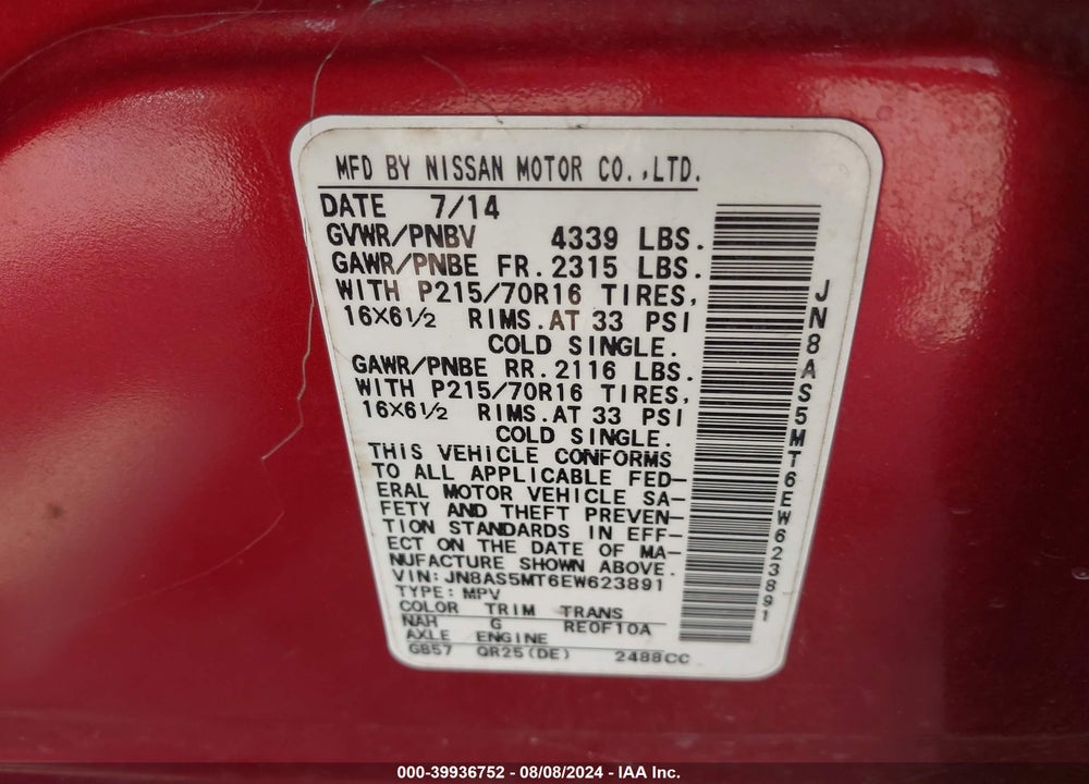 2014 NISSAN ROGUE SELECT S VIN: JN8AS5MT6EW623891