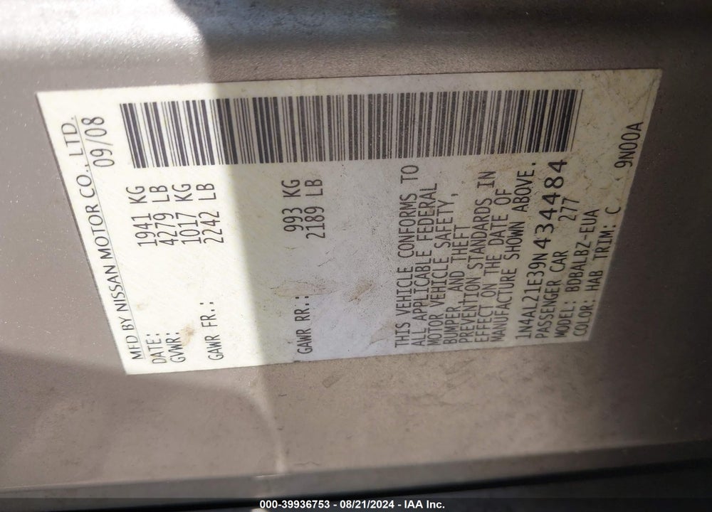 2009 NISSAN ALTIMA 2.5 S VIN: 1N4AL21E39N434484