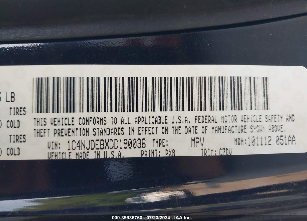 2013 JEEP COMPASS LATITUDE VIN: 1C4NJDEBXDD190036