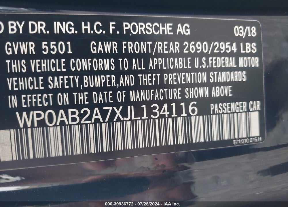 2018 PORSCHE PANAMERA 4S VIN: WP0AB2A7XJL134116