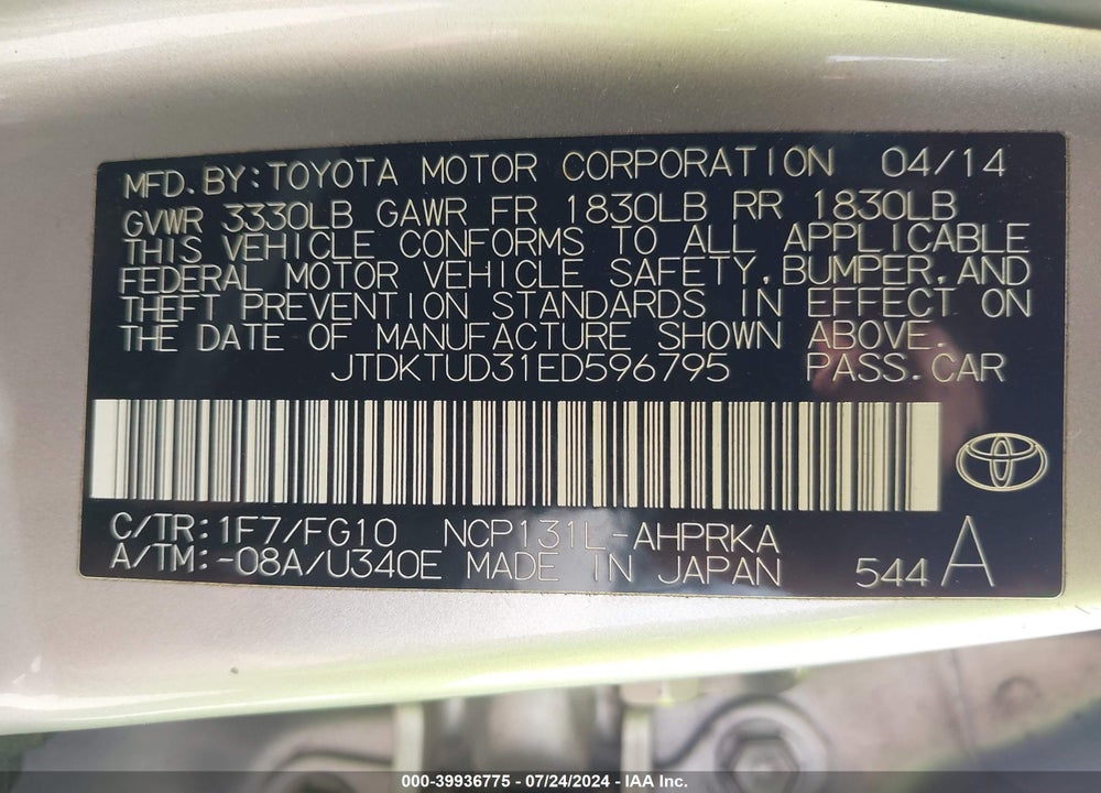 2014 TOYOTA YARIS L (TMC/CBU PLANT) VIN: JTDKTUD31ED596795