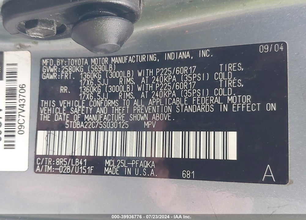 2005 TOYOTA SIENNA XLE LIMITED VIN: 5TDBA22C75S030125