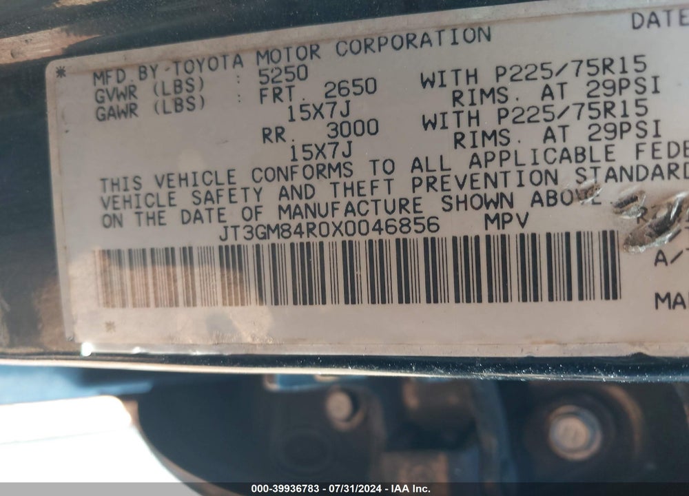 1999 TOYOTA 4RUNNER VIN: JT3GM84R0X0046856
