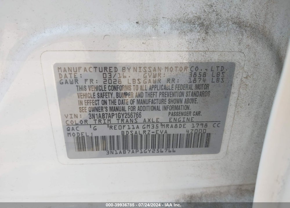 2016 NISSAN SENTRA SR VIN: 3N1AB7AP1GY256766