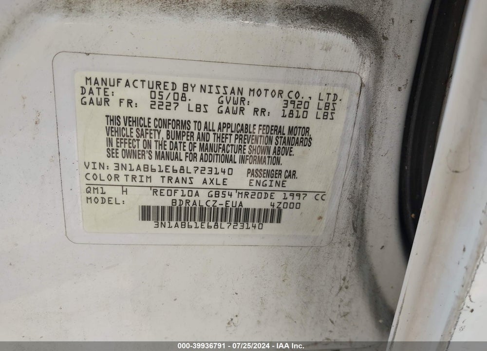2008 NISSAN SENTRA 2.0 VIN: 3N1AB61E68L723140