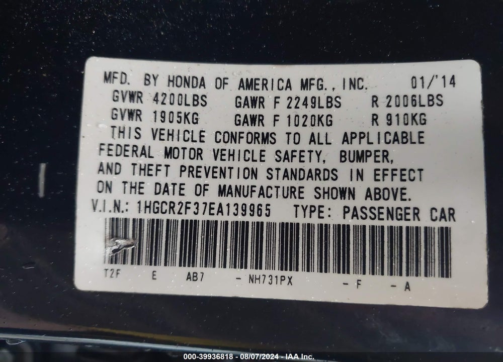 2014 HONDA ACCORD LX VIN: 1HGCR2F37EA139965