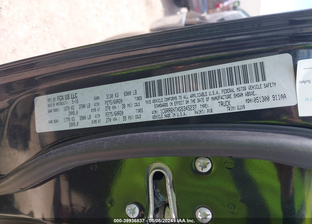 2016 RAM 1500 LAIE VIN: 1C6RR6NTXGS345237