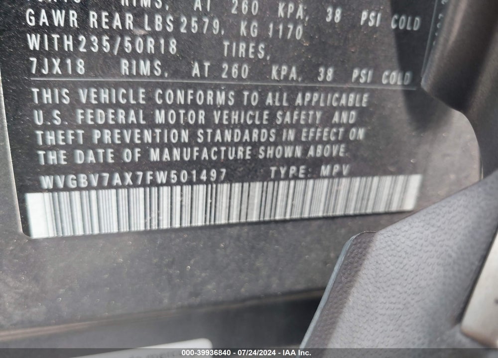 2015 VOLKSWAGEN TIGUAN SEL VIN: WVGBV7AX7FW501497
