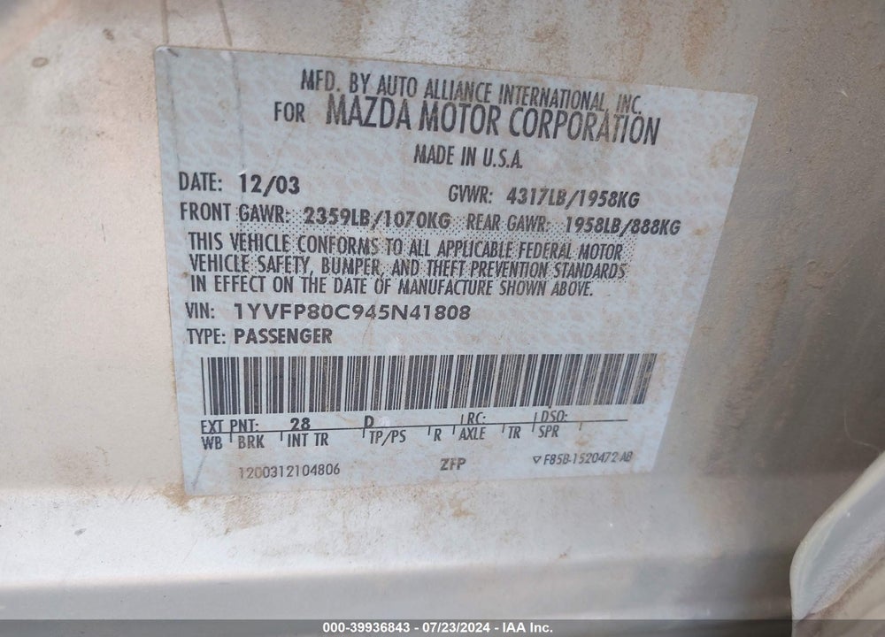 2004 MAZDA 6 I VIN: 1YVFP80C945N41808