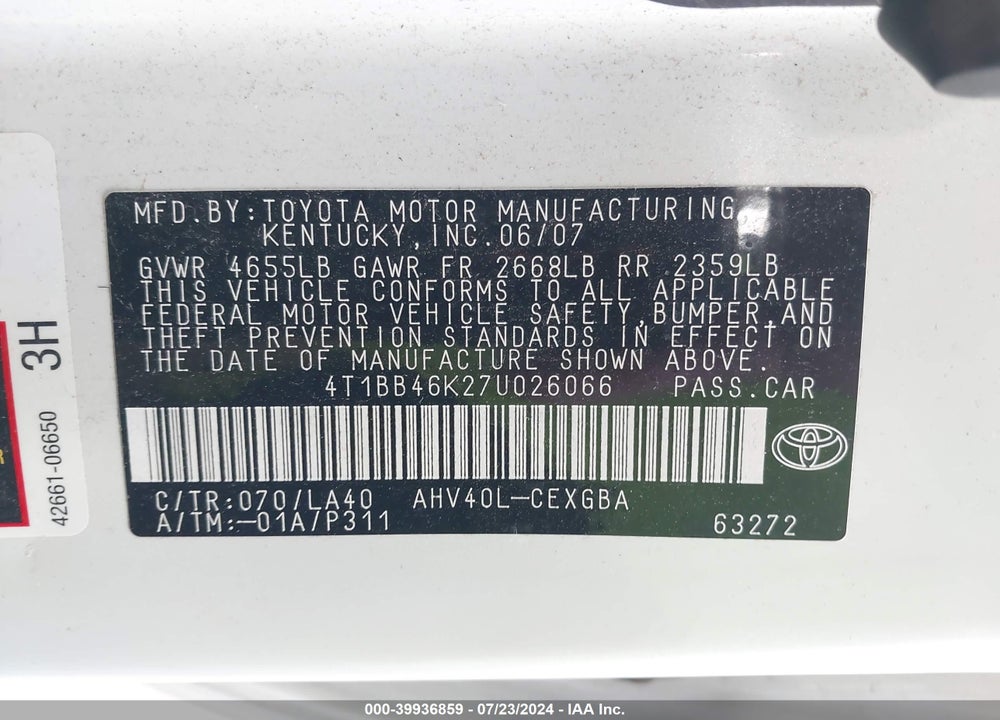 2007 TOYOTA CAMRY HYBRID VIN: 4T1BB46K27U026066